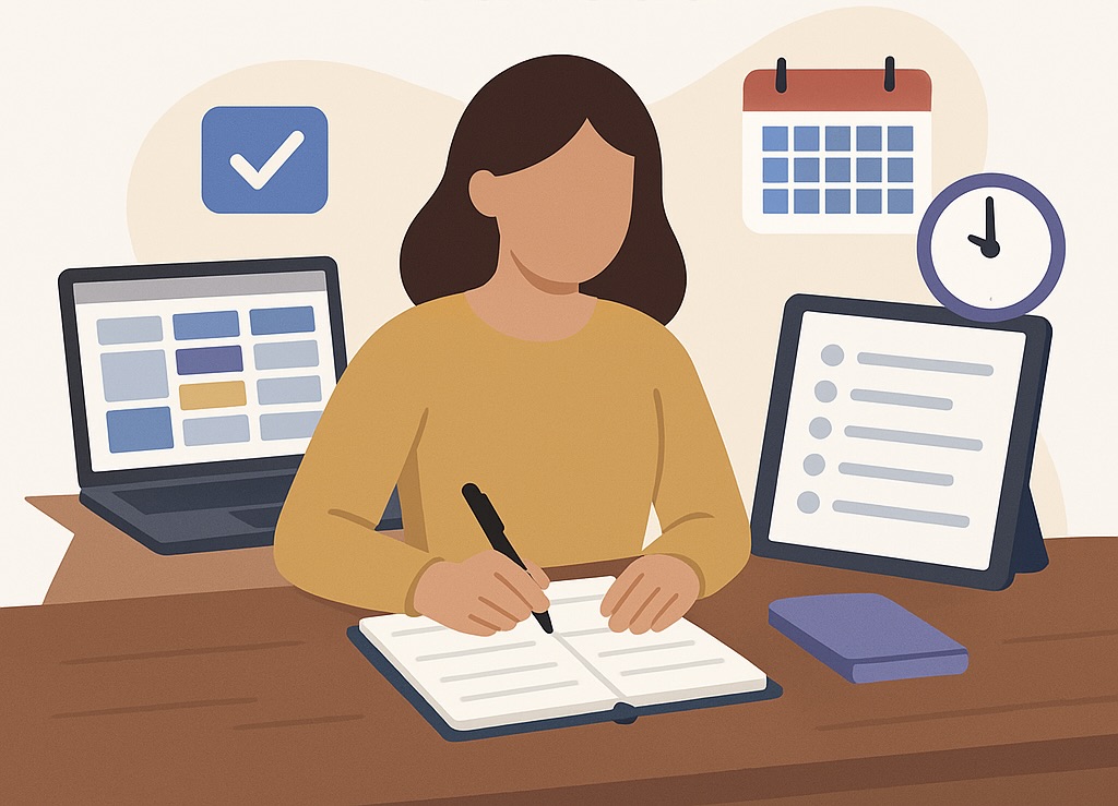 Ilustración de una persona planificando su semana digital con herramientas como agenda, laptop, calendario y reloj