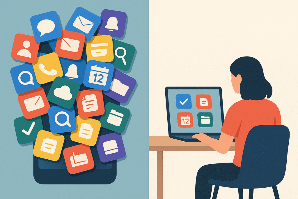 Ilustración dividida: a la izquierda, muchas apps desordenadas; a la derecha, una mujer trabajando con pocas herramientas digitales en un entorno ordenado