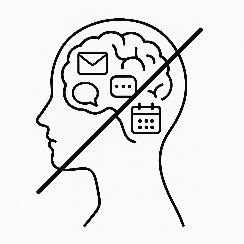 Ilustración minimalista de una cabeza en perfil con íconos de multitarea en el cerebro y una línea que simboliza la eliminación del multitasking.
