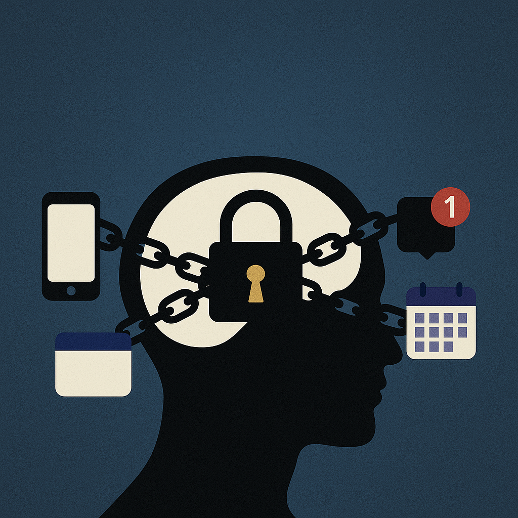 Silencio digital: Silueta humana con un candado en el cerebro encadenado a íconos de celular, notificación, calendario y navegador.
