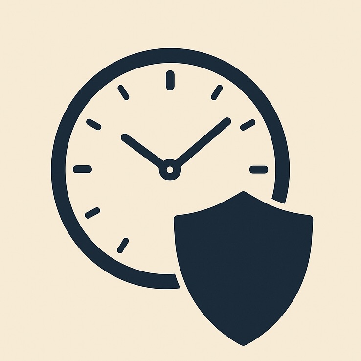 Ilustración minimalista de un reloj y un escudo simbolizando la protección del tiempo