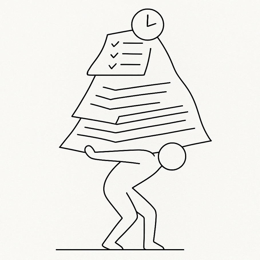 Diseño digital minimalista con fondo blanco y trazos suaves que muestra a una persona cargando una pila de tareas como si fuera una montaña en la espalda. Imagen editorial de FokusMind sobre productividad saludable y equilibrio mental.